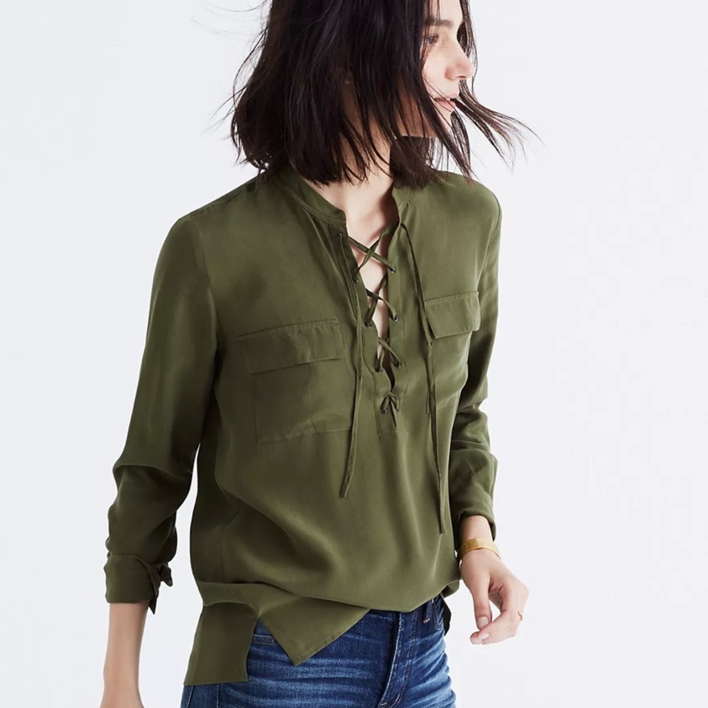 Madewell army green silk lace up shirt blouse L